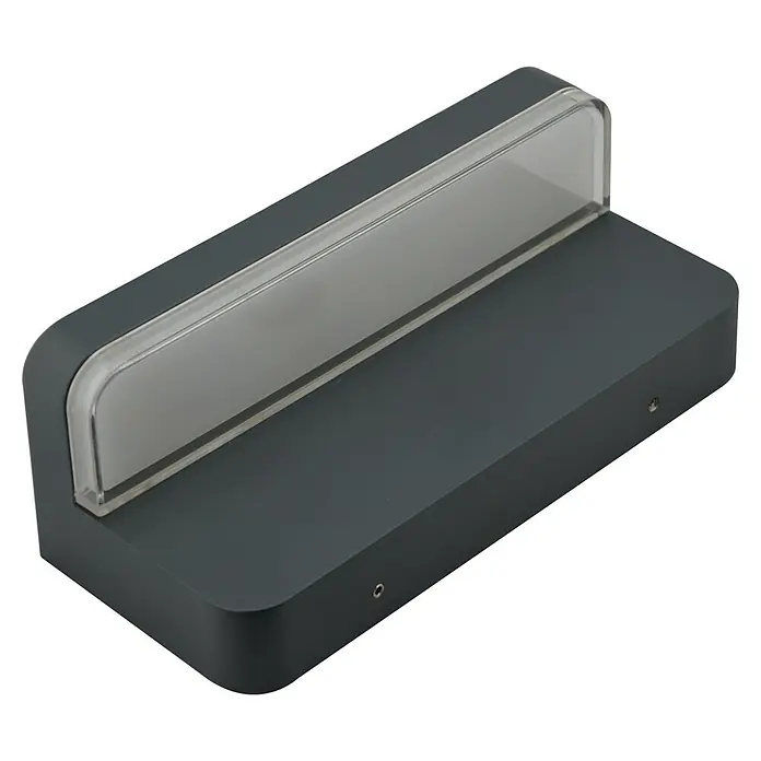 E2 elektro LED-Außenwandleuchte Ridos - 7 W, 22 x 9,3 x 8 cm, Anthrazit, IP44 - Nahaufnahme einer modernen, grauen LED-Wandleuchte mit einem klaren, rechteckigen Diffusor. Ideal für stilvolle Aussenbeleuchtung.
