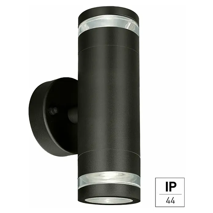 E2 elektro Außenwandleuchte Musica - 9,2 x 8,5 x 18,5 cm, Anthrazit, IP44 - Moderne schwarze Wandleuchte für den Außenbereich mit doppelter Lichtabgabe und IP44-Schutz für zuverlässige Beleuchtung.