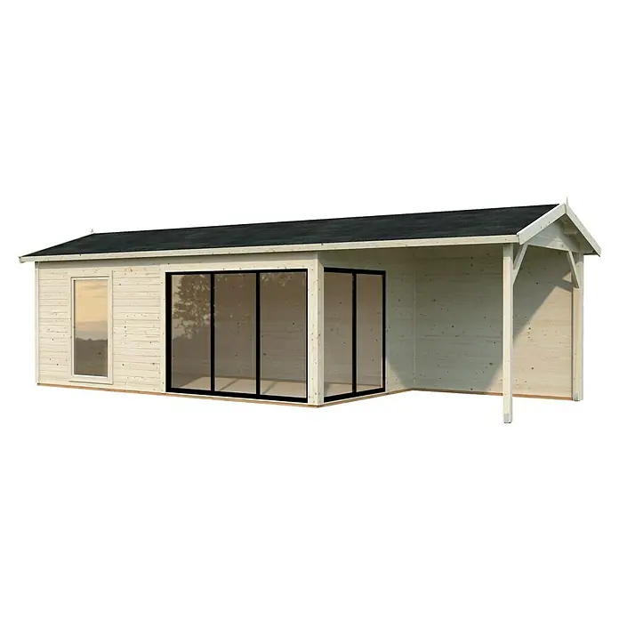 Palmako Gartenhaus Amanda Slide Plus - Außenmaß inkl. Dachüberstand (B x T): 917 x 340 cm, Unbehandeltes Holz, Natur - Holzgartenhaus mit einem kleinen Fenster und einer großen Glasfront. Das Haus hat ein dunkles Dach und ist aus hellem Holz gefertigt.