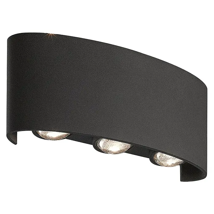 E2 elektro LED-Außenwandleuchte Petra - 17 x 4 x 8 cm, Anthrazit, IP54 - Nahaufnahme einer stilvollen schwarzen LED-Wandleuchte mit drei Lichtpunkten, ideal für moderne Innenräume.