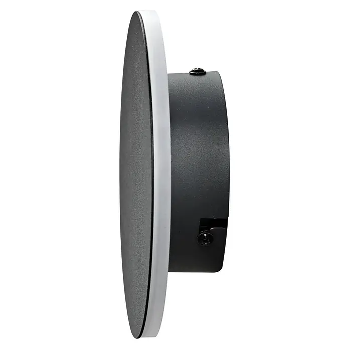 E2 elektro LED-Außenwandleuchte Mago - 11 W, 15 x 15 x 4 cm, Anthrazit, IP54 - Nahaufnahme einer runden LED-Wandleuchte mit weißem Rand und schwarzem Gehäuse, ideal für moderne Innenräume, die Akzentbeleuchtung bietet.