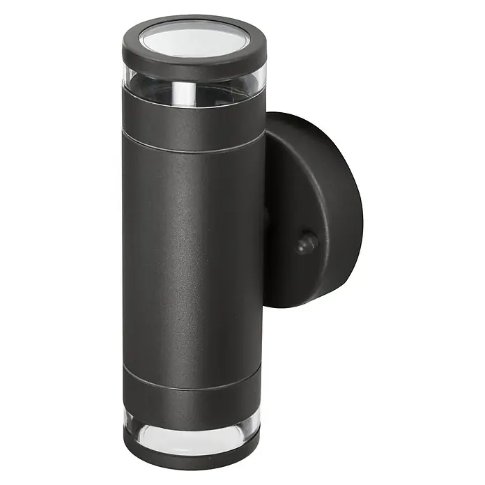 E2 elektro Außenwandleuchte Musica - 9,2 x 8,5 x 18,5 cm, Anthrazit, IP44 - Nahaufnahme einer schwarzen zylindrischen Außenwandleuchte mit klaren Akzenten für moderne Beleuchtung.