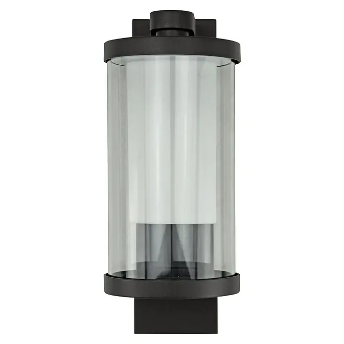 E2 elektro Außenwandleuchte Mira - 15 W, 11,8 x 29 x 15,9 cm, Anthrazit, IP44 - Nahaufnahme einer zylindrischen Wandleuchte mit klarem Glas und mattem, zylindrischem Einsatz und einem dunklen Metallrahmen.