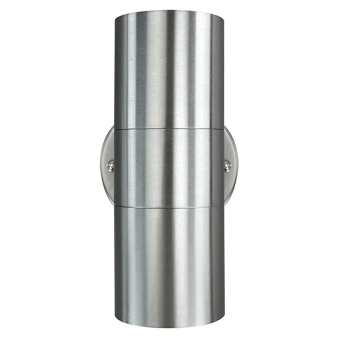 E2 elektro Außenwandleuchte Electra - 7 W, 9,2 x 8,5 x 16,2 cm, Silber, IP44 - Nahaufnahme einer modernen, zylindrischen Wandleuchte aus gebürstetem Edelstahl mit zwei Lichtquellen und sichtbaren Befestigungsschrauben.