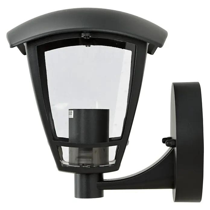 E2 elektro Außenwandleuchte Navi - 15 W, 20,5 x 17 x 20,8 cm, Anthrazit, IP44 - Nahaufnahme einer schwarzen Außenwandleuchte mit klarem Glas und einem zylindrischen Lampensockel. Elegante Beleuchtung für den Außenbereich.