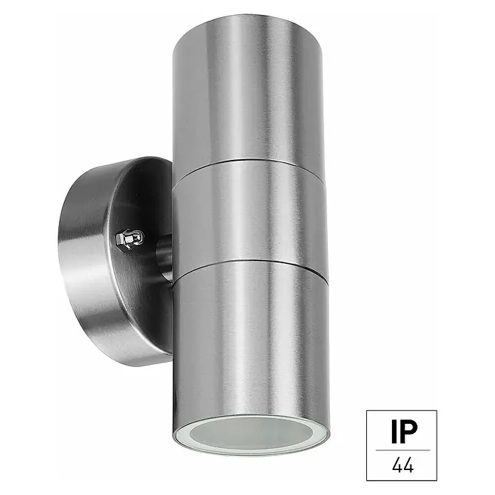 E2 elektro Außenwandleuchte Electra - 7 W, 9,2 x 8,5 x 16,2 cm, Silber, IP44 - Eine moderne, zylindrische Wandleuchte aus gebürstetem Stahl für den Außenbereich mit IP44 Schutz.