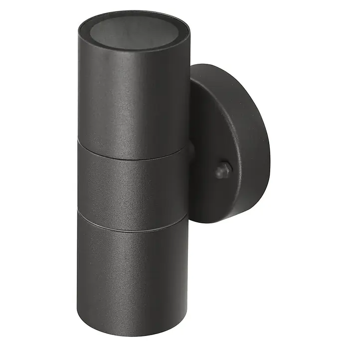 E2 elektro Außenwandleuchte Electra - 7 W, 9,2 x 8,5 x 16,2 cm, Schwarz, IP44 - Nahaufnahme einer modernen, schwarzen Wandleuchte mit zylindrischem Design, ideal für Außenbereiche.