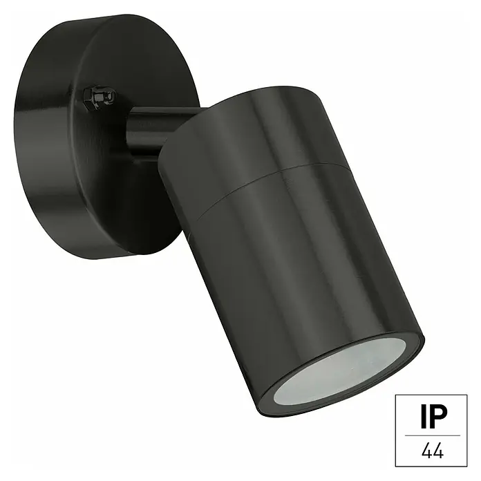 E2 elektro Außenwandleuchte Sirius - 7 W, 8,6 x 8,5 x 14,4 cm, Anthrazit, IP44 - Nahaufnahme einer modernen schwarzen Wandleuchte mit verstellbarem Spot für Innen- und Außenbereiche.