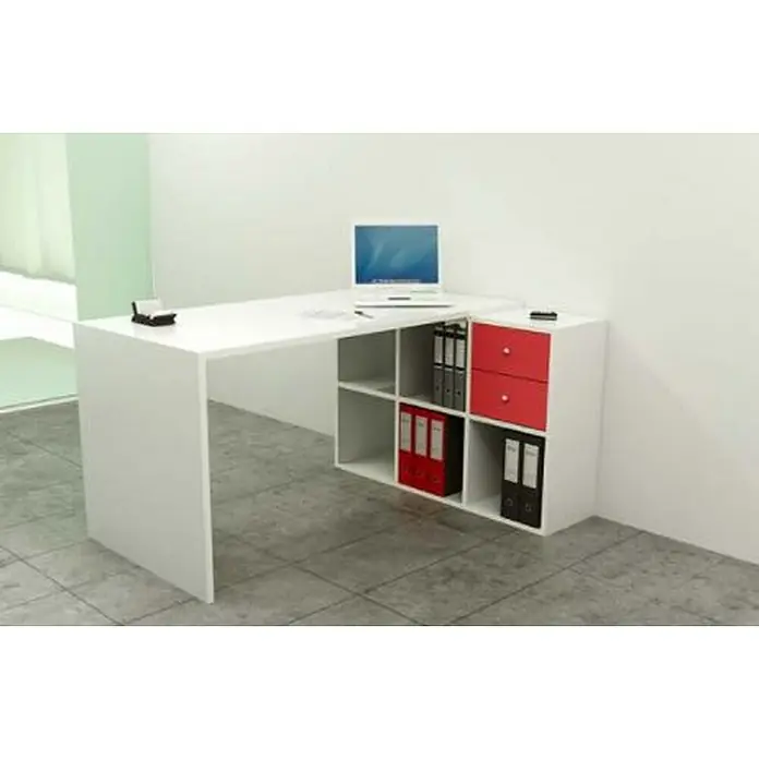 ArtExport Home Mesa de escritorio Office - L x An x Al: 69 x 140 x 74 cm, Blanco - Un escritorio blanco moderno con una unidad de estantería integrada y cajones coloridos, perfecto para una oficina en casa o estudio.