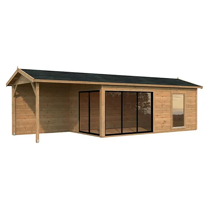Palmako Gartenhaus Amanda Slide - Außenmaß inkl. Dachüberstand (B x T): 917 x 340 cm, Tauchgrundiertes Holz, Hellbraun - Dieses Bild zeigt ein Gartenhaus mit Überdachung und großen Fensterfronten. Das Haus ist aus hellem Holz und hat ein dunkles Dach.