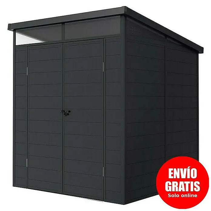 Hoggar Caseta de jardín Nova - Medidas ext. (An x Pr): 190 x 192 cm, Plástico, Antracita - Imagen de un cobertizo gris con puertas dobles y techo inclinado, perfecto para guardar herramientas.
