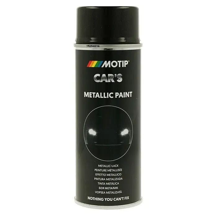Motip Metallic-Lackspray - Schwarz, 400 ml, Glänzend, Schnelltrocknend - Dose mit Metallic-Autolack von Motip Car's für eine hochwertige Lackierung mit Metalleffekt und dem Slogan "Nichts, was man nicht reparieren kann".