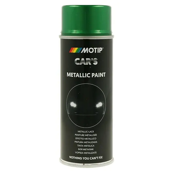 Motip Metallic-Lackspray - Lindgrün, 400 ml, Glänzend, Schnelltrocknend - Dose Metallic-Autolack von Motip Car's mit grüner Kappe. Zum Ausbessern und Lackieren von Metalloberflächen am Auto.