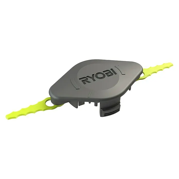 Ryobi Kunststoffmesser RAC155 - Passend für: Ryobi Akku-Rasentrimmer mit ‚Auto-Feed-Funktion‘ - Das Bild zeigt einen Ryobi Grasschneider-Aufsatz mit gelben Messern, ideal für präzises Trimmen und Kantenschneiden im Garten.