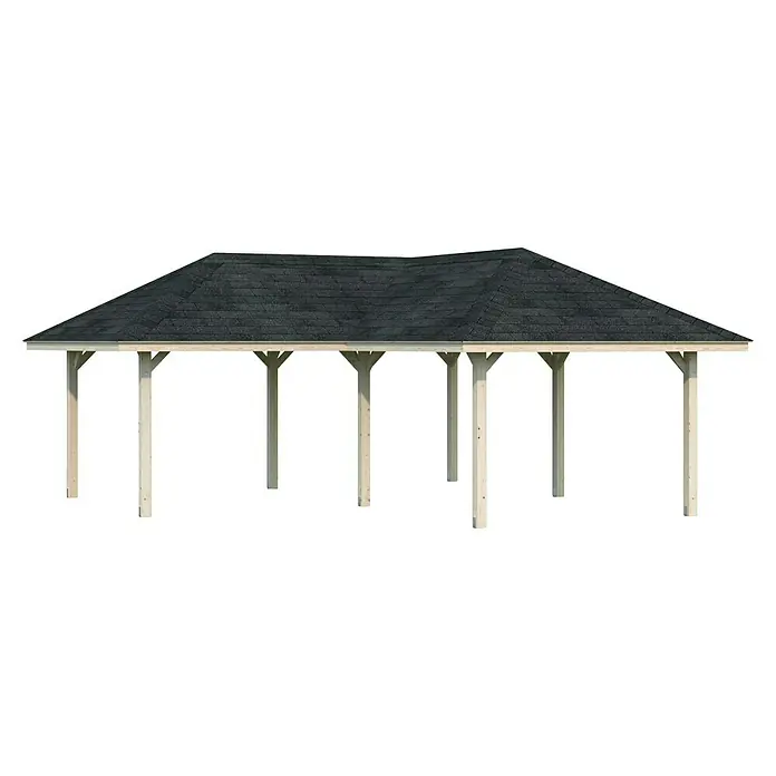 Palmako Pérgola estándar Bianca L - L x An: 672 x 672 cm, Madera, Natural - Vista de un pabellón de madera con techo oscuro. El producto es detallado y de alta calidad en el diseño. Perfecto para jardines y terrazas.