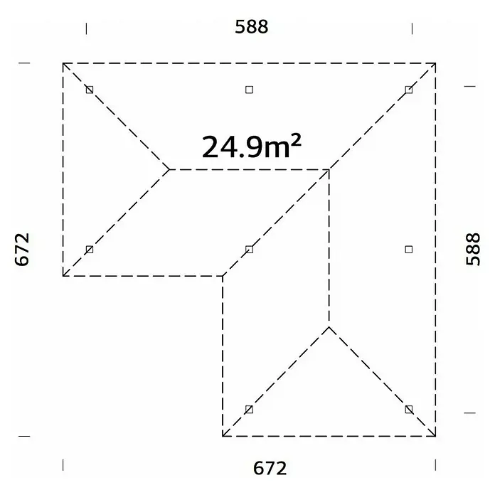 Palmako Pérgola estándar Bianca L - L x An: 672 x 672 cm, Madera, Natural - Plano de techo con dimensiones 588 y 672 y una superficie de 24.9m², presentado en un dibujo técnico.