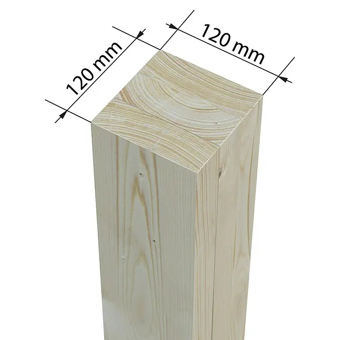 Palmako Pérgola adosada Lumi Slide Plus - L x An: 297 x 582 cm, Natural, Doble acristalamiento de 24 mm, Puerta corredera - Imagen de un poste de madera cuadrado de 120 mm x 120 mm, ideal para proyectos de construcción o fabricación de muebles.