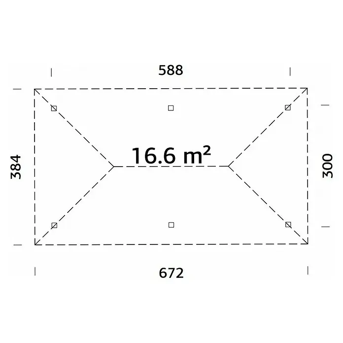 Palmako Pérgola estándar Bianca M - L x An: 672 x 384 cm, Madera, Natural - Plano detallado con medidas precisas que abarcan 16.6 m². Diseño claro para proyectos de construcción, fácil visualización.