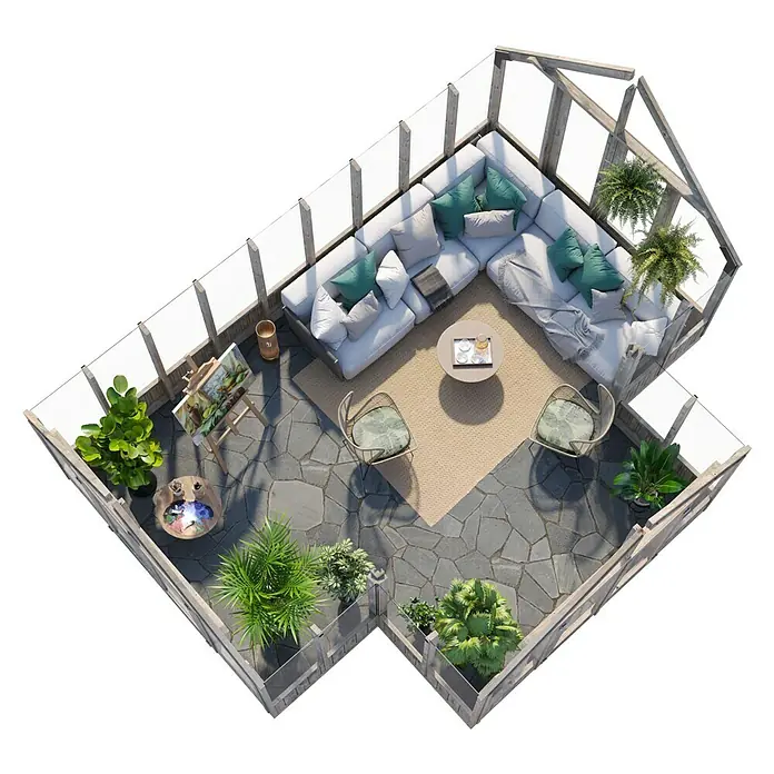 Palmako Invernadero Emilia XL - Medidas ext. (An x Pr): 421 x 543 cm, Madera, 18 mm, Gris - Un invernadero acogedor con cómodos asientos, vegetación exuberante y suelo de piedra crea un ambiente relajante.