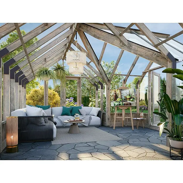 Palmako Invernadero Emilia XL - Medidas ext. (An x Pr): 421 x 543 cm, Madera, 18 mm, Gris - Oasis de jardín luminoso y acogedor con una cómoda zona de sofás, plantas y una obra de arte en un caballete. El lugar perfecto para relajarse.