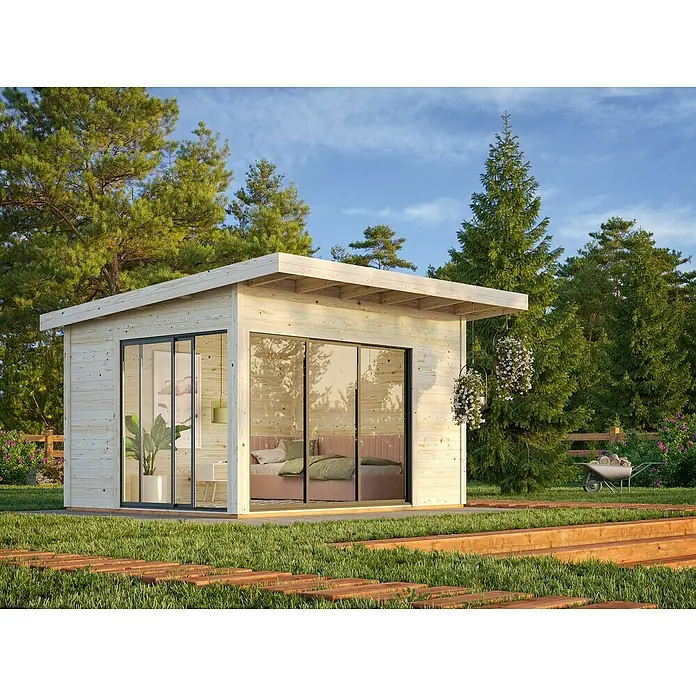 Palmako Gartenhaus - Außenmaß inkl. Dachüberstand (B x T): 434 x 402 cm, Holz - Ein modernes Gartenhaus mit Holzverkleidung und Glasfront, das sich ideal als Rückzugsort oder Homeoffice eignet.