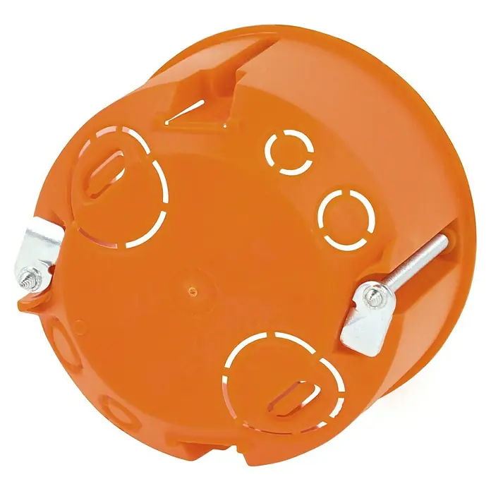 Hohlwanddose Normal - 68 x 47 mm, 1-fach, Orange, 1 Stk. - Nahaufnahme einer runden, orangefarbenen Geräteverbindungsdose mit metallischen Befestigungsdetails.