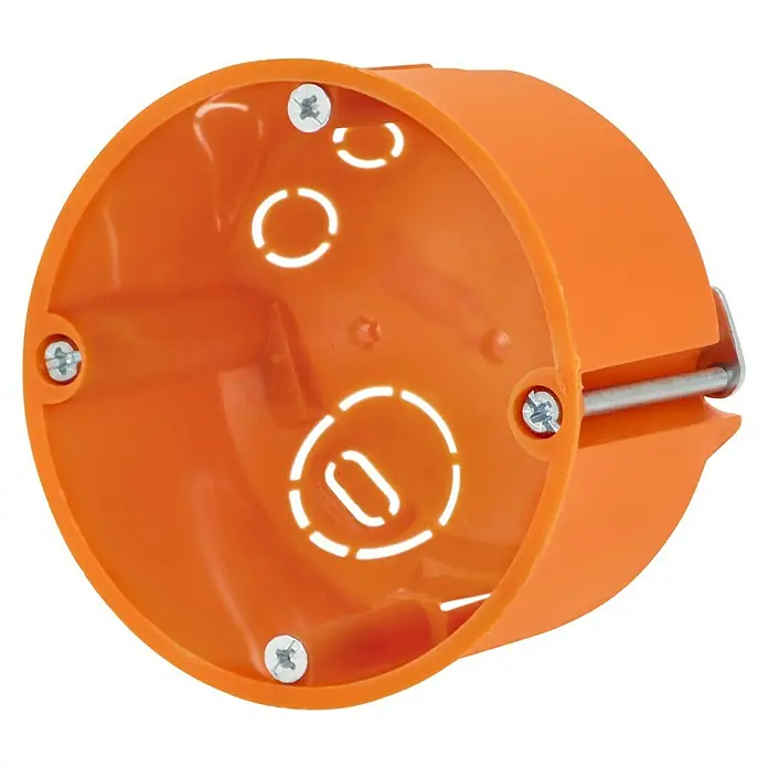Hohlwanddose Normal - 68 x 47 mm, 1-fach, Orange, 1 Stk. - Nahaufnahme einer runden, orangefarbenen Unterputzdose mit Schrauben und Ausbrechöffnungen für Kabel, zur Installation in Wänden.