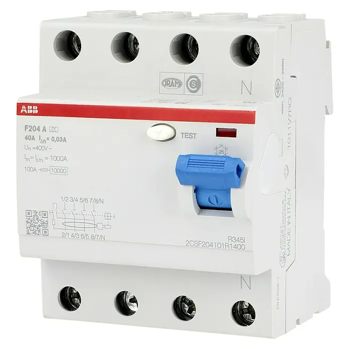 ABB System pro M compact FI-Schalter F204 A-40/0.03 - 40 A, Typ A, 30 mA, Polanzahl: 4 - ABB F204 A Fehlerstrom-Schutzschalter 40A, bietet Schutz vor Stromschlägen und elektrischen Anlagen vor Schäden. Kompaktes Design für Hutschiene.