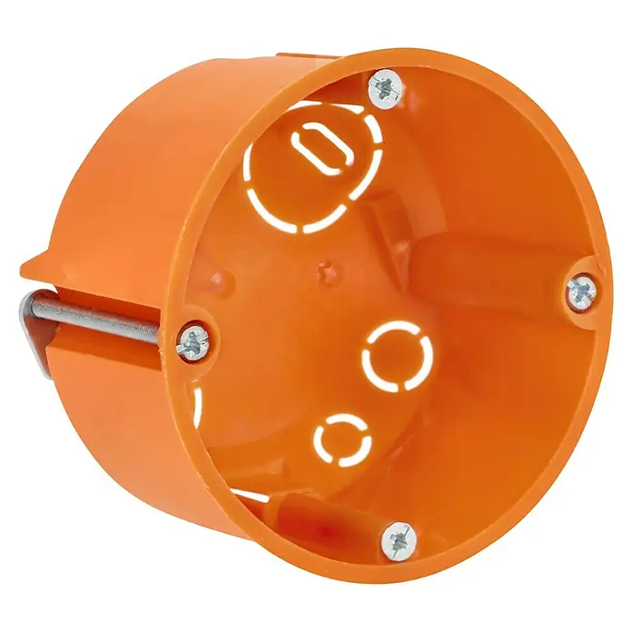 Hohlwanddose Normal - 68 x 47 mm, 1-fach, Orange, 1 Stk. - Eine orangefarbene runde Unterputzdose mit Schrauben und einer Metallstange zur Befestigung.