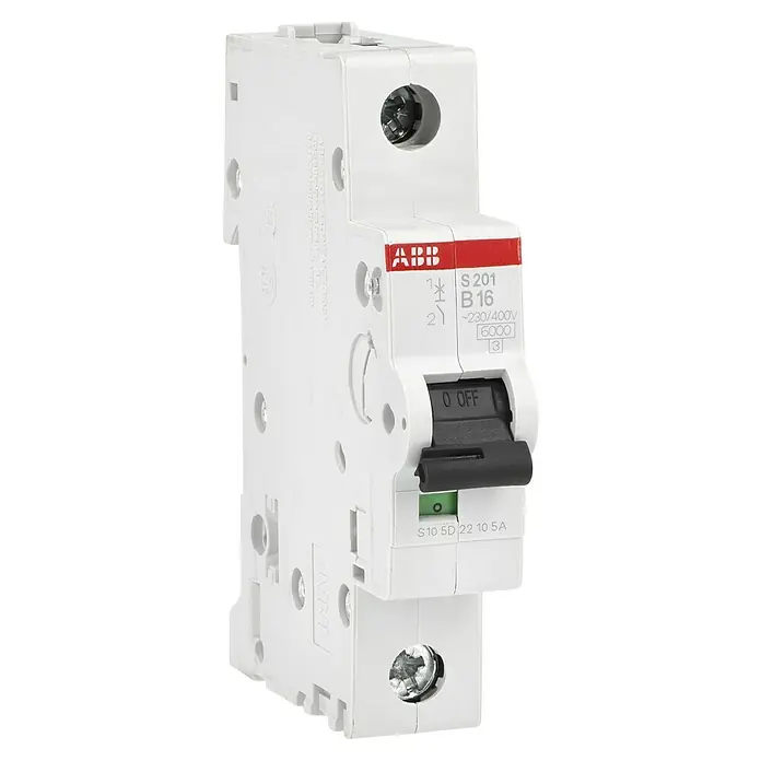 ABB System pro M compact Sicherungsautomat S201 B16A - B, 16 A, 6 kA, 1 Stk. - Nahaufnahme eines ABB S201 B16 Leitungsschutzschalters, der für den Schutz elektrischer Stromkreise konzipiert ist und "Aus" anzeigt.