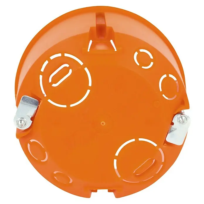 Hohlwanddose Normal - 68 x 47 mm, 1-fach, Orange, 1 Stk. - Nahaufnahme einer orangefarbenen, runden Gerätedose für Elektroinstallation mit Metalleinrastbügeln und Ausbrechöffnungen für Kabel.