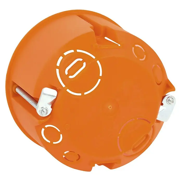 Hohlwanddose Normal - 68 x 47 mm, 1-fach, Orange, 1 Stk. - Nahaufnahme einer runden, orangefarbenen Unterputzdose für Elektroinstallationen mit Metallelementen.