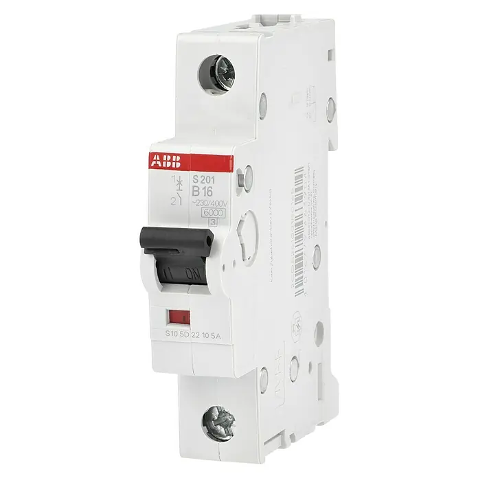 ABB System pro M compact Sicherungsautomat S201 B16A - B, 16 A, 6 kA, 1 Stk. - Nahaufnahme eines ABB S201 B16 Leitungsschutzschalters, der elektrische Sicherheit und Schutz vor Überlastung bietet.