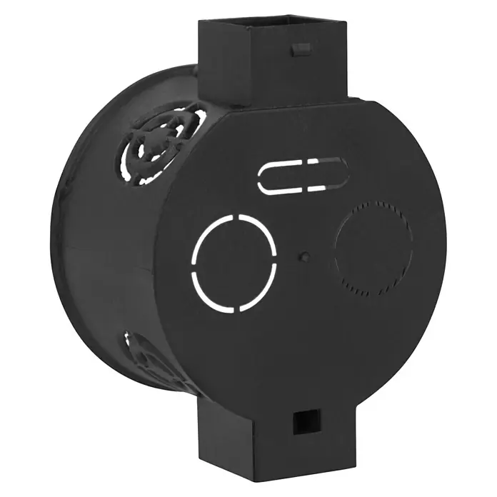 Kombischalterdose Normal - 60 x 41 mm, 1-fach, Schwarz, 1 Stk. - Abbildung einer schwarzen runden Verteilerdose mit Aussparungen zur einfachen Kabelinstallation für Elektroinstallationen.