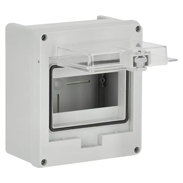F-tronic Aufputz-Verteiler Feuchtraum - Anzahl Reihen: 1 Stk., 16 x 9 cm, Grau - Weißer Sicherungskasten mit durchsichtigem Deckel und schwarzer Dichtung für den Innenbereich.