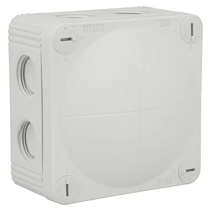 Wiska Feuchtraum-Abzweigdose COMBI 308 LG - 85 x 85 x 51 mm, Aufputz, IP66 - Ein Wiska 308 Abzweigkasten aus robustem, grauem Kunststoff, ideal für Elektroinstallationen im Innen- und Außenbereich.