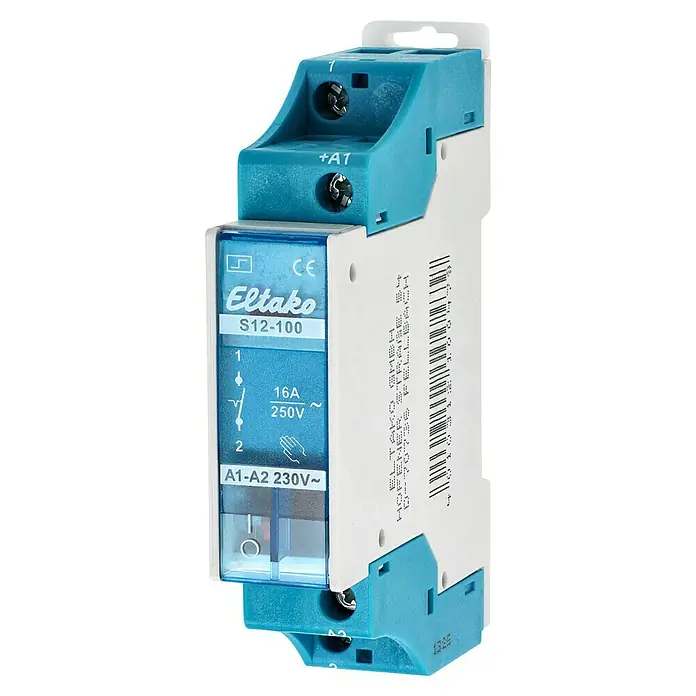 Eltako Stromstoßschalter S12-100-230V - 250 V - Nahaufnahme eines Eltako S12-100 Stromstoßschalters mit technischen Daten und Anschlüssen.