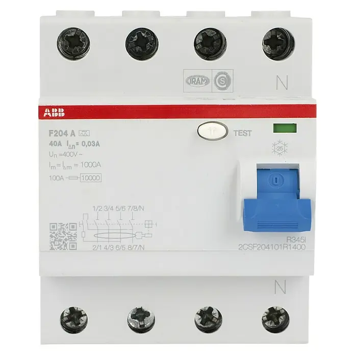 ABB System pro M compact FI-Schalter F204 A-40/0.03 - 40 A, Typ A, 30 mA, Polanzahl: 4 - Ein ABB F204 A Fehlerstrom-Schutzschalter (FI-Schalter) mit 40A Nennstrom und 0,03A Auslösestrom, ideal für den Schutz vor gefährlichen Fehlerströmen.