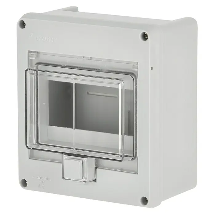 F-tronic Aufputz-Verteiler Feuchtraum - Anzahl Reihen: 1 Stk., 16 x 9 cm, Grau - Ein weißer, rechteckiger E-tronic Verteilerkasten mit transparentem Deckel für elektrische Installationen.