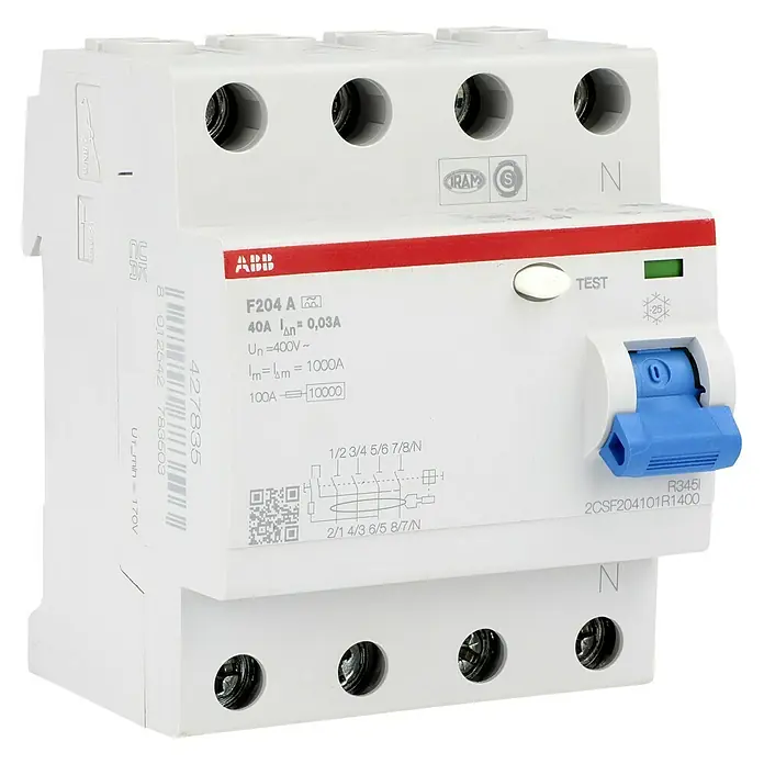 ABB System pro M compact FI-Schalter F204 A-40/0.03 - 40 A, Typ A, 30 mA, Polanzahl: 4 - Ein ABB F204 A Fehlerstrom-Schutzschalter, 40A, 0.03A, für zuverlässigen Schutz vor Stromschlägen in elektrischen Anlagen.