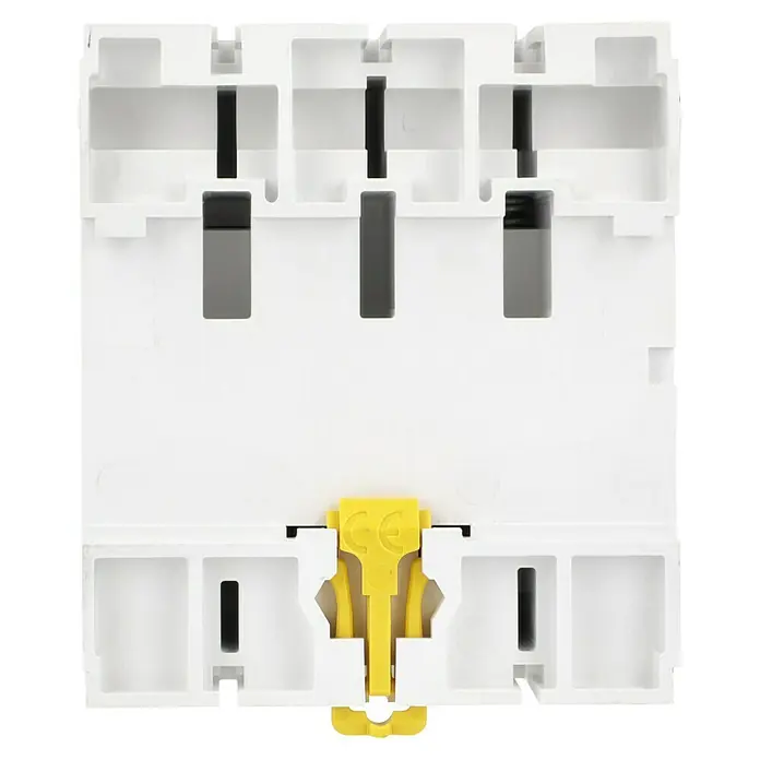 Schneider Electric FI-Schalter ID K - 40 A, Typ A, 30 mA, Polanzahl: 4 - Nahaufnahme eines dreipoligen Sicherungsautomaten mit gelbem Hebel und gut sichtbaren Details der elektrischen Komponenten.