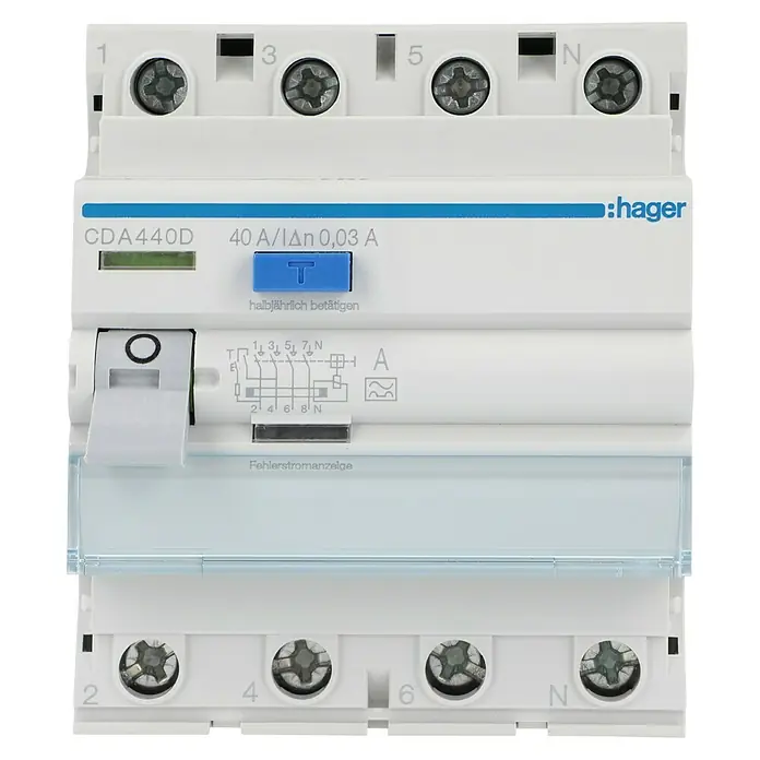Hager FI-Schalter CDA440D - 40 A, 0,03 A, Polanzahl: 4 - Aufnahme eines Hager CDA440D Fehlerstrom-Schutzschalters, der Stromkreise vor Fehlerströmen schützt und Sicherheit gewährleistet.
