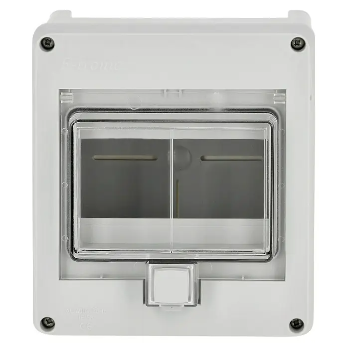 F-tronic Aufputz-Verteiler Feuchtraum - Anzahl Reihen: 1 Stk., 16 x 9 cm, Grau - Bild einer Verteilerdose P-Tronic mit transparentem Deckel, ideal für elektrische Installationen im Innen- und Außenbereich.