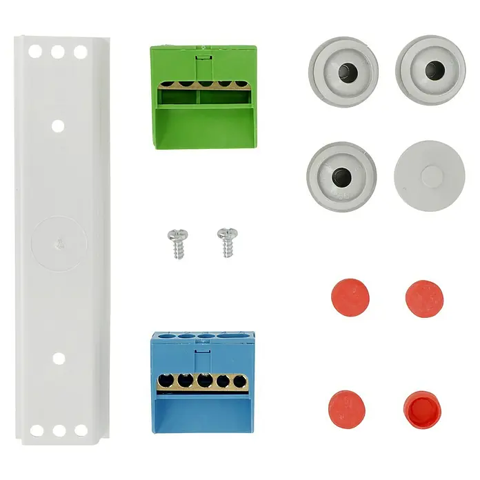 F-tronic Aufputz-Verteiler Feuchtraum - Anzahl Reihen: 1 Stk., 16 x 9 cm, Grau - Produktabbildung mit einer weißen Leiste, grüner und blauer Klemme, Schrauben, grauen Drehknöpfen und roten Kappen.