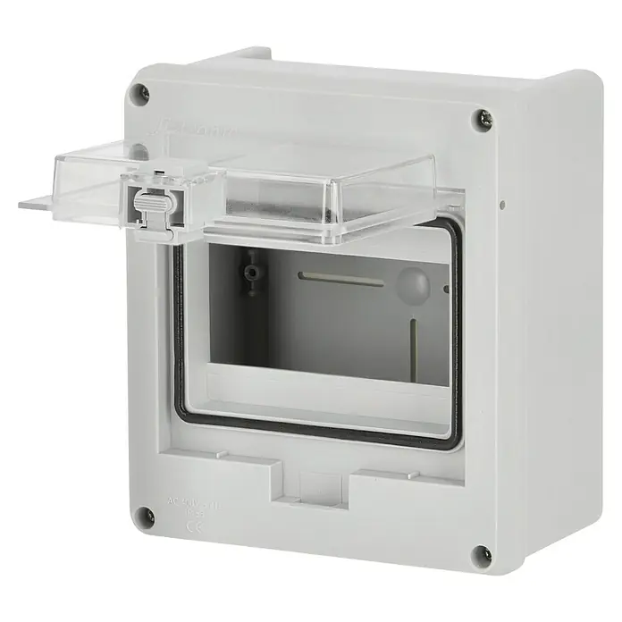 F-tronic Aufputz-Verteiler Feuchtraum - Anzahl Reihen: 1 Stk., 16 x 9 cm, Grau - Ein offener, leerer Sicherungskasten aus Kunststoff mit durchsichtigem Deckel.