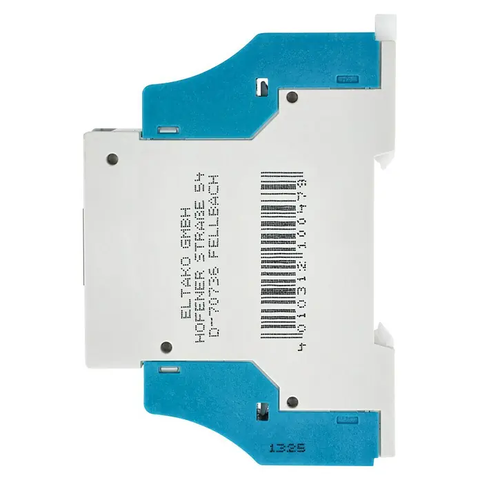 Eltako Stromstoßschalter S12-100-230V - 250 V - Weißes Eltako Elektronikmodul mit blauen Clips zur DIN-Schienenmontage, mit Barcode und Produktinformationen.