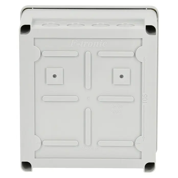 F-tronic Aufputz-Verteiler Feuchtraum - Anzahl Reihen: 1 Stk., 16 x 9 cm, Grau - Frontansicht eines F-Tronic Aufputzgehäuses mit Abmessungsangaben.