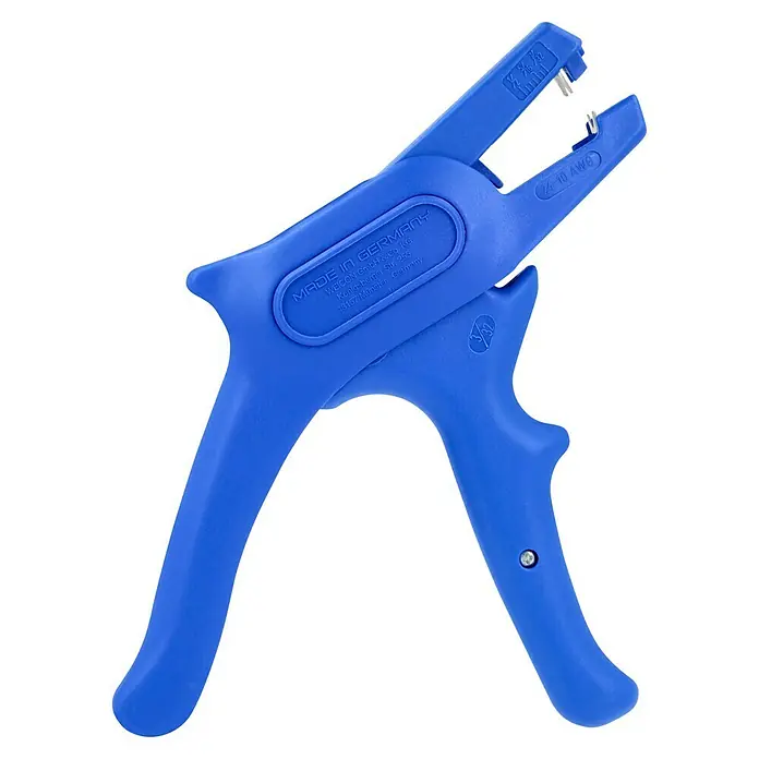 Weicon Abisolierzange No. 5 Classic - Länge: 165 mm, Kunststoff, Geeignet für: 0,2 - 6 mm² Kabelquerschnitt - Bild einer blauen WEICON Abisolierzange, hergestellt in Deutschland, für Kabel von 24 bis 10 AWG.