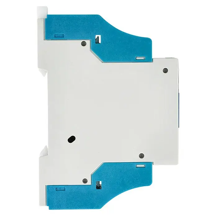 Eltako Stromstoßschalter S12-100-230V - 250 V - Produktansicht. Weiße Hülle mit blauen Montagehalterungen. Kompaktes Design für vielseitige Anwendungen in verschiedenen Umgebungen.