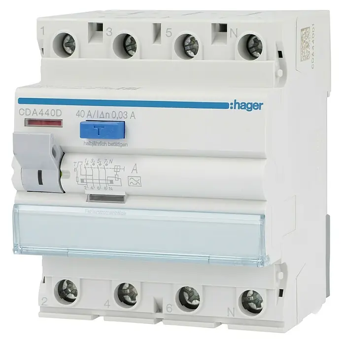 Hager FI-Schalter CDA440D - 40 A, 0,03 A, Polanzahl: 4 - Hager CDA440D Fehlerstrom-Schutzschalter, 40A, 0,03A Auslösestrom, für zuverlässigen Schutz vor gefährlichen Fehlerströmen in elektrischen Anlagen.